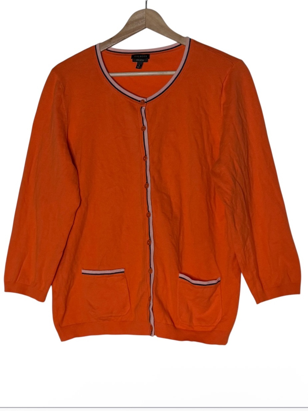 Talbots Buttons Orange Blue Trim Cardigan Sweater Size L Pima Cotton Halloween